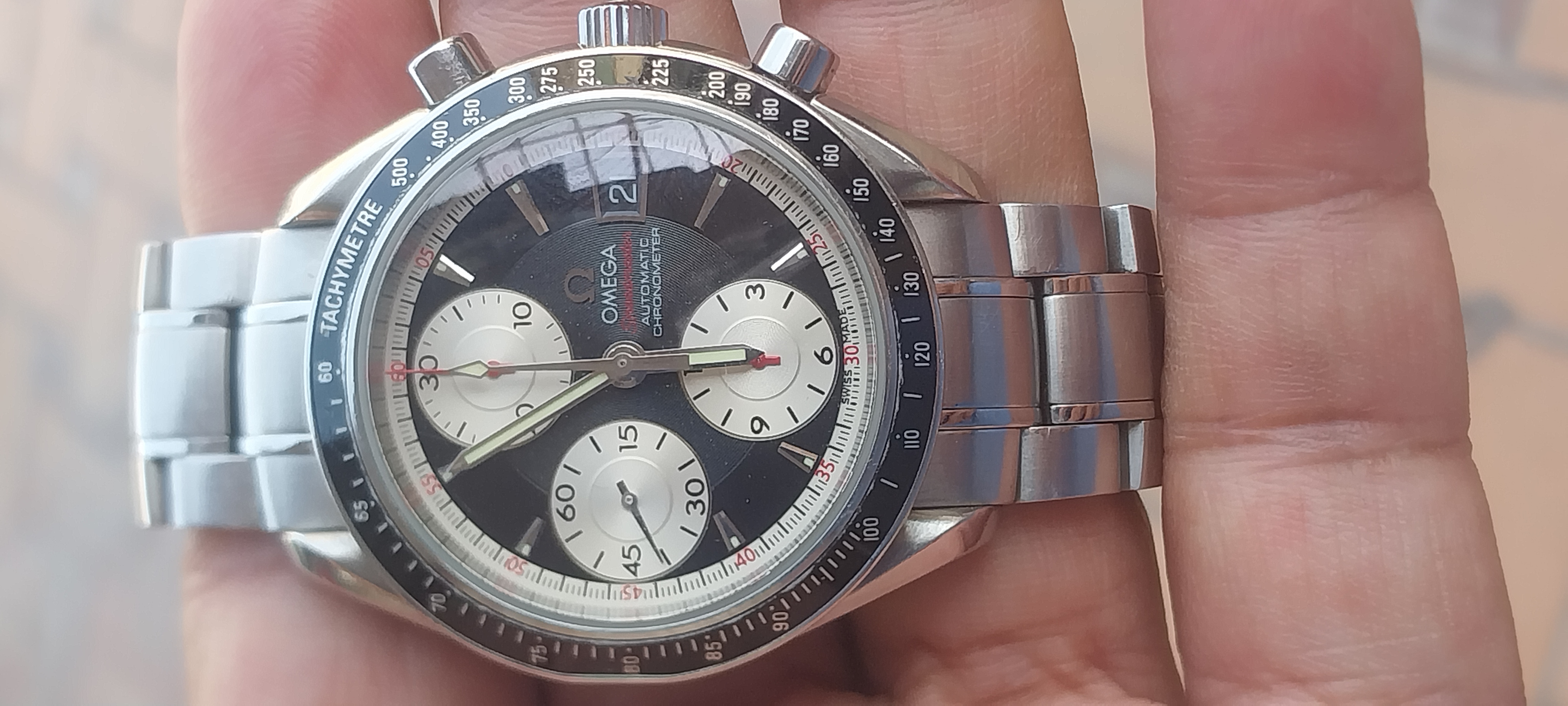 Omega Speedmaster Panda chronograph side view